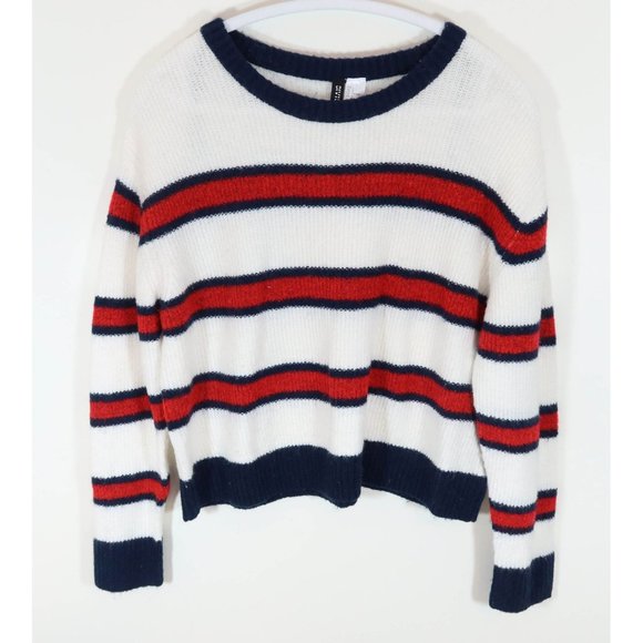 Divided Sweaters - DIVIDED BY H&M Size L Red White Navy Blue Striped Cropped Pullover Sweater